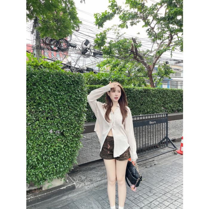 ELISE TRIMMED LACE RAYON SHIRT-BEIGE