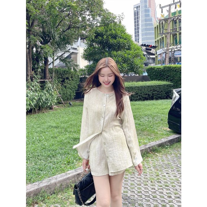 MATCHA OAT BLOUSE & SHORTS SET-MATCHA