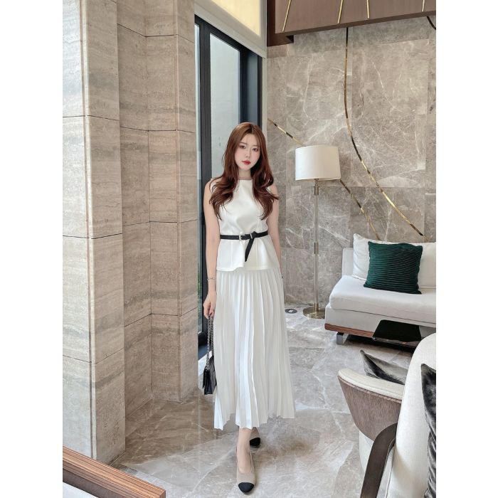 SERENA TOP & PLEATED MIDI SKIRT SET-WHITE