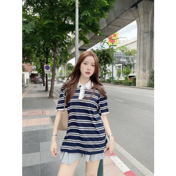 HARPER LACE COLLAR STRIPE TOP-NAVY