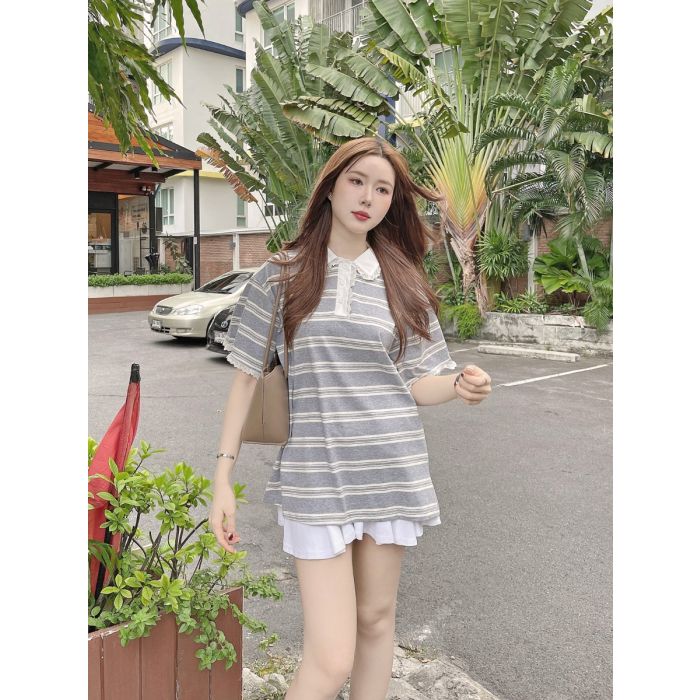 HARPER LACE COLLAR STRIPE TOP-GREY