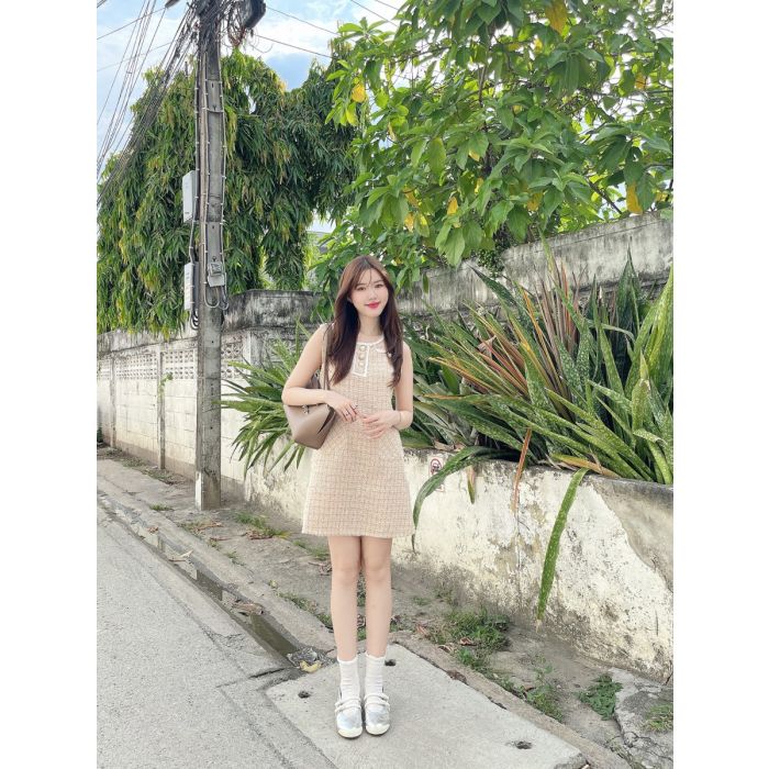 BONBON TWEED DRESS-PEACH-M
