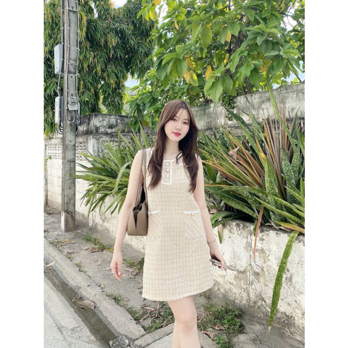 BONBON TWEED DRESS-PEACH-S