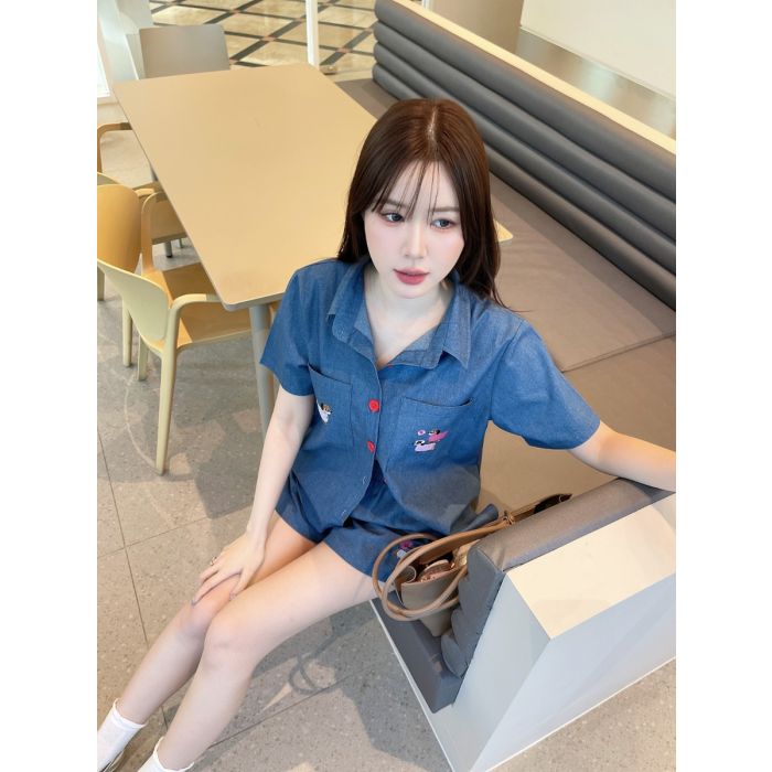 LUCKY DACHSHUND DENIM SHIRT & SHORTS SET-NAVY