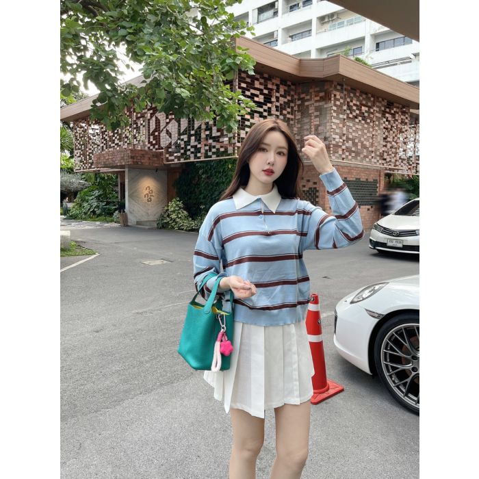 IVY STRIPE POLO KNIT TOP-BLUE