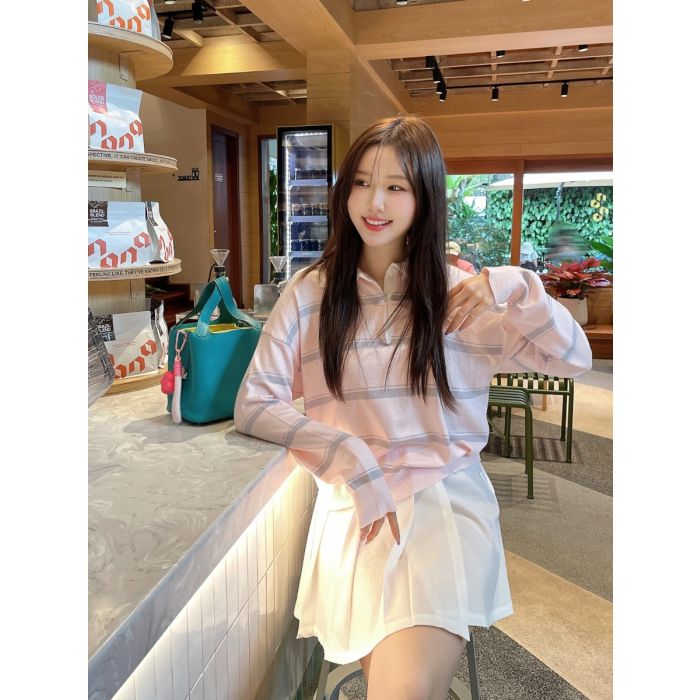 IVY STRIPE POLO KNIT TOP-PINK