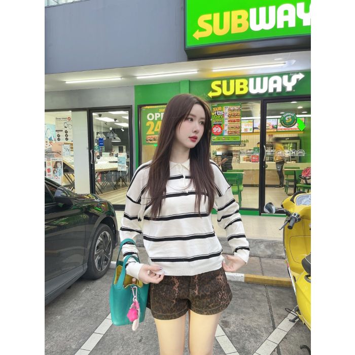 IVY STRIPE POLO KNIT TOP-CREAM