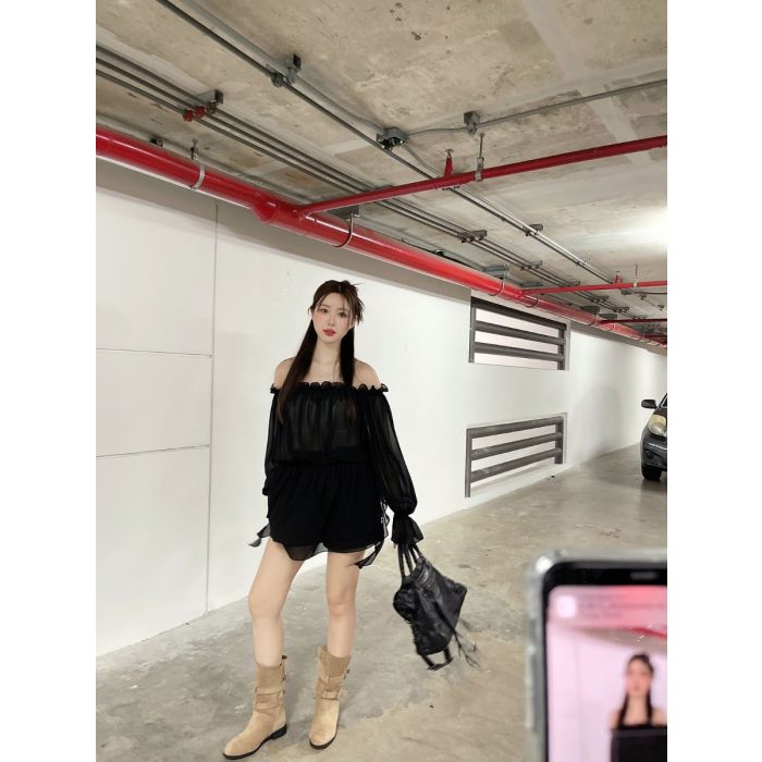 AMELIA CHIFFON OFF SHOULDER TUNIC-BLACK