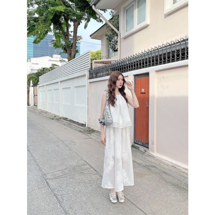 CHRYSAN EMBROIDERY TOP & SKIRT ORGANDY SET-WHITE