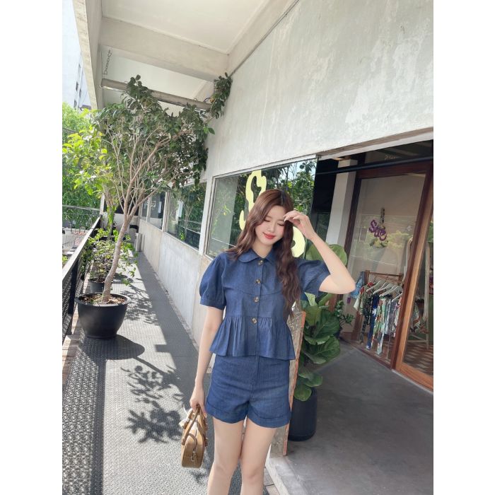 PUMPKIN DENIM TOP & SHORTS SET-NAVY-S