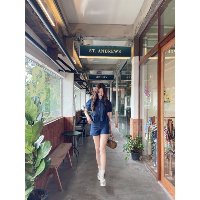 PUMPKIN DENIM TOP & SHORTS SET-NAVY-L