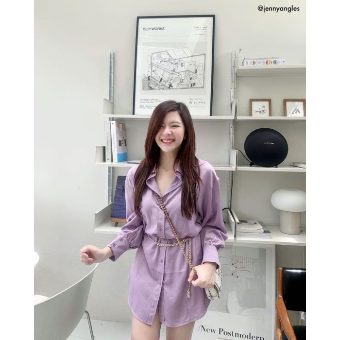 LUXE LEATHER CHAIN SATIN SHIRT DRESS-LAVENDER