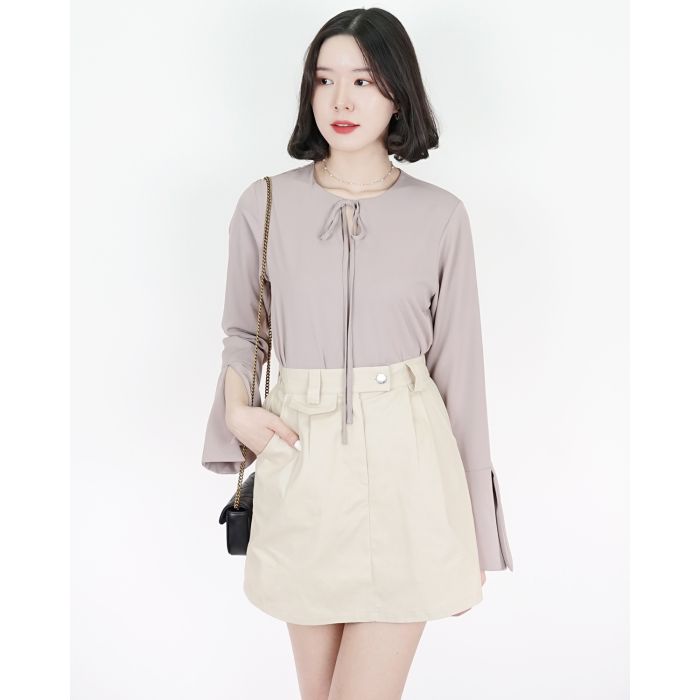 AUDREY BOW SPLIT SLEEVE BLOUSE-TAUPE