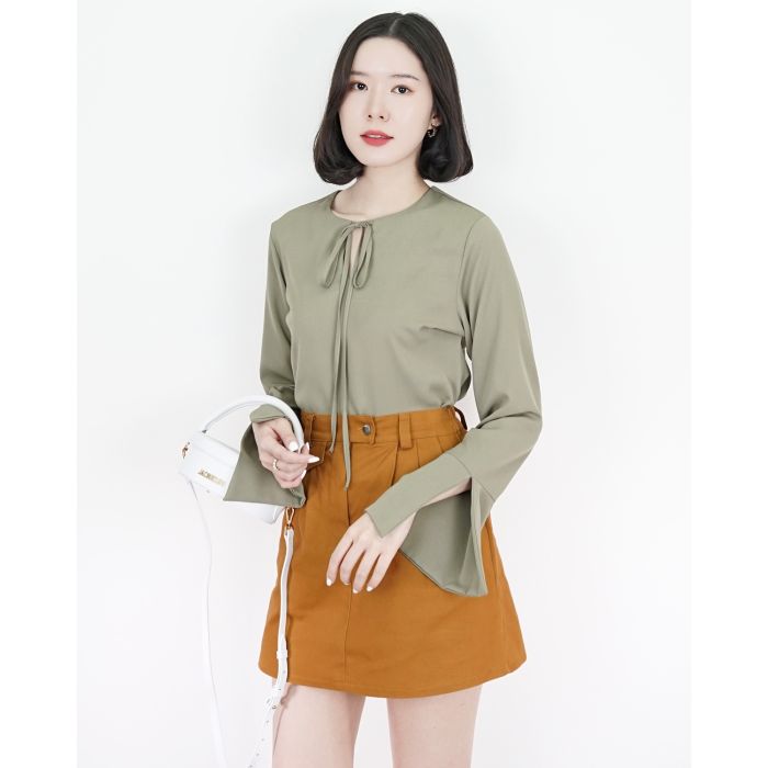 AUDREY BOW SPLIT SLEEVE BLOUSE-OLIVE