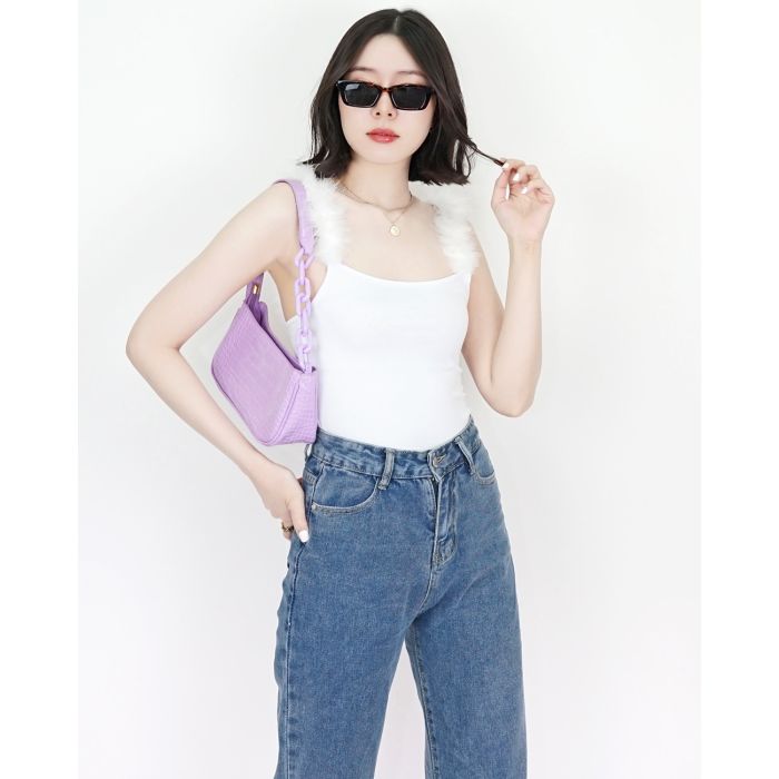 FEATHER STRAP SINGLET TOP-WHITE