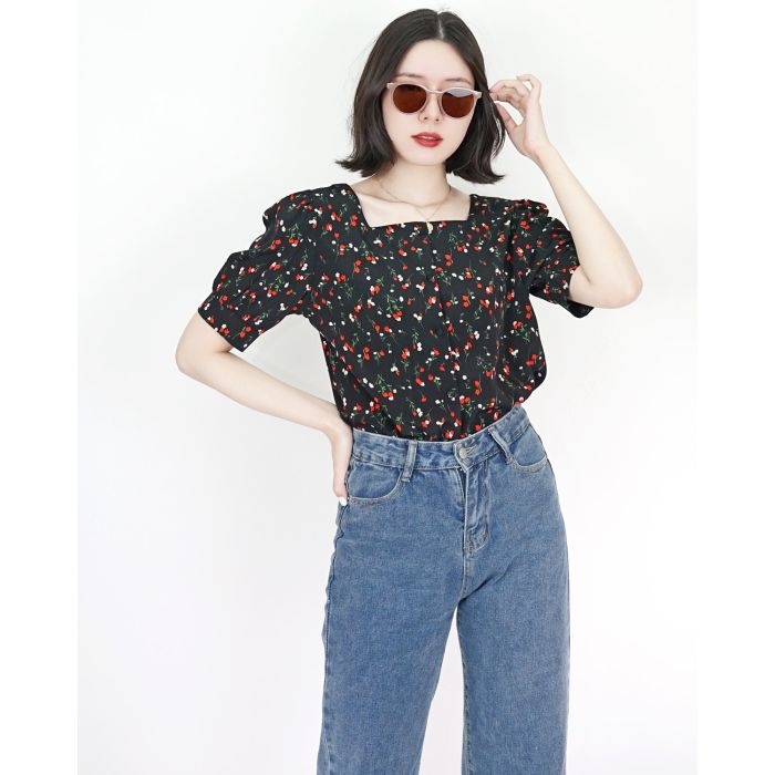 POPPY FLORAL CHIFFON BLOUSE-BLACK