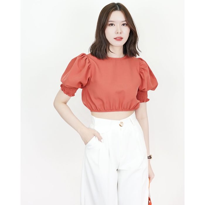 PICNIC PUFF SLEEVE CROP TOP-BRICK