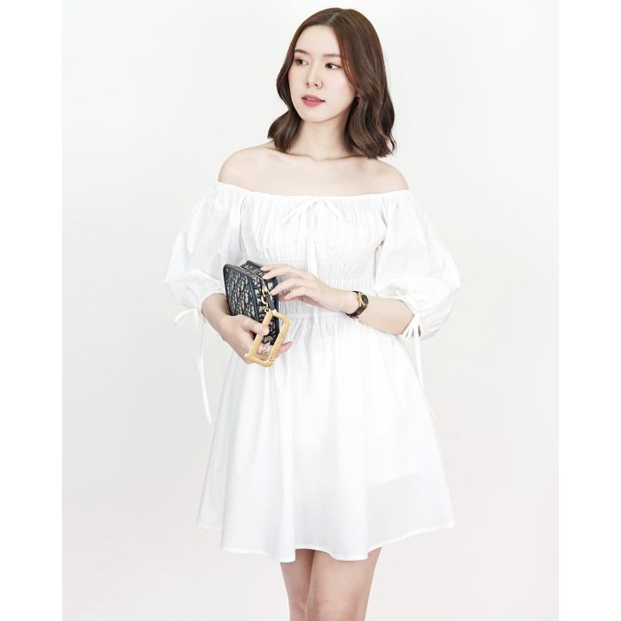 HAVANA BOW SMOCKED DRESS-WHITE