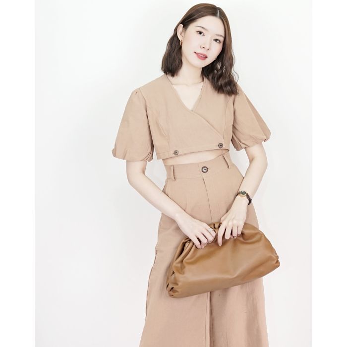 DELLA WRAP LINEN CROP TOP-KHAKI