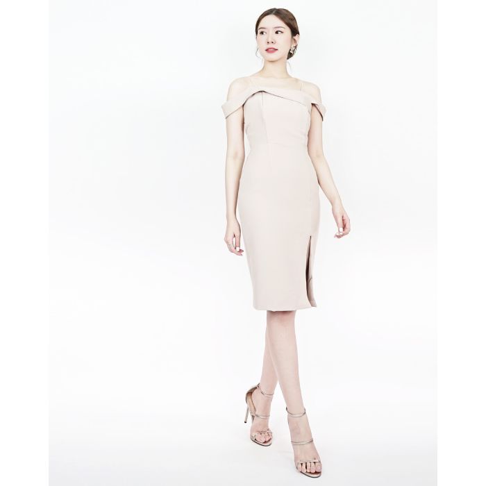 ADELINE CLASSY SHOULDER DRESS-BEIGE-L