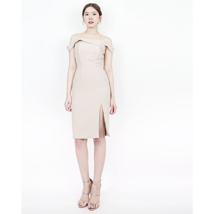 ADELINE CLASSY SHOULDER DRESS-BEIGE-M