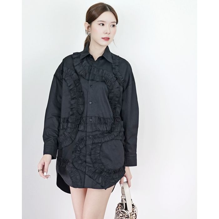 MAZE RUFFLE OVERSIZED SHIRT DRESS-BLACK