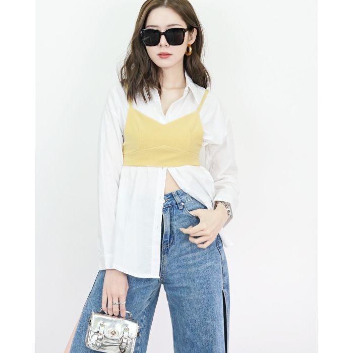 SPECIAL OFFER * KATHY SHIRT & SINGLET CROP SET-LEMON