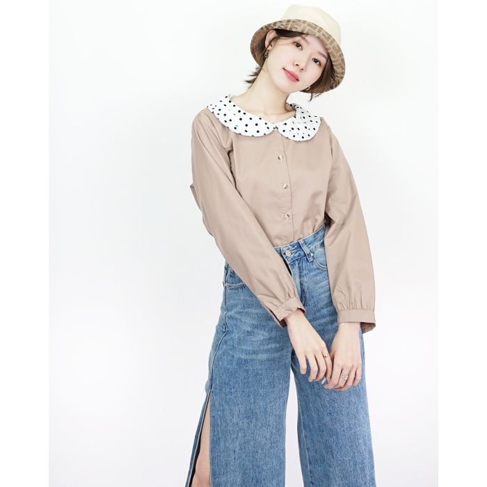 SANDALWOOD DOT COLLAR COTTON BLOUSE-KHAKI