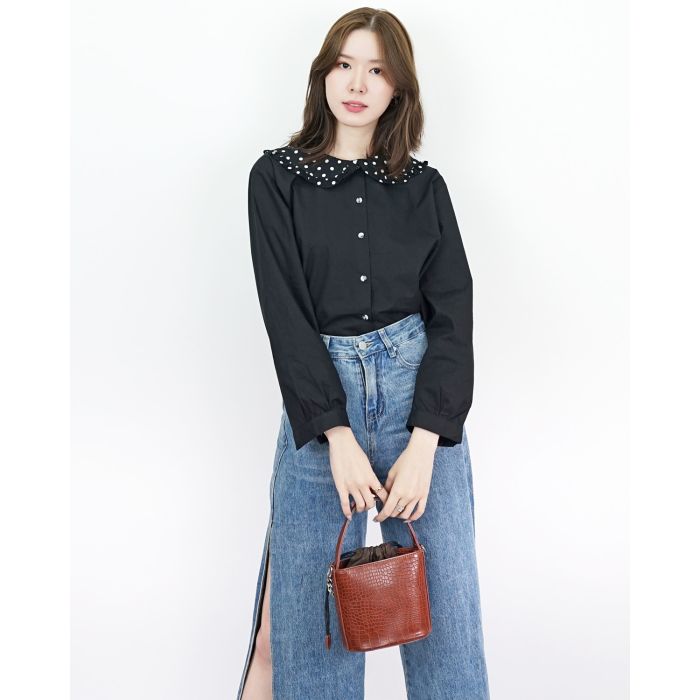SANDALWOOD DOT COLLAR COTTON BLOUSE-BLACK