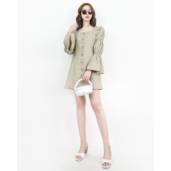 SPECIAL OFFER * FREYA MARIE SLEEVE LINEN DRESS-MOSS-S