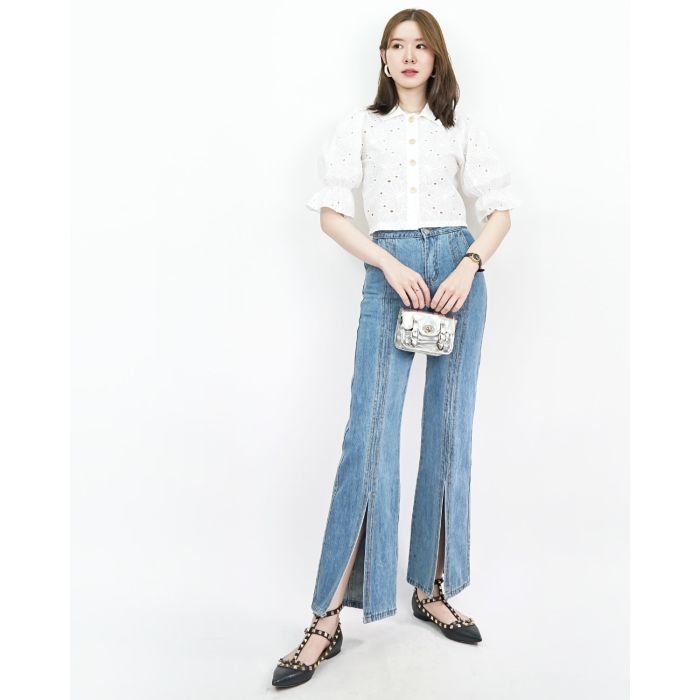 FLARED SPLIT LEG DENIM PANTS