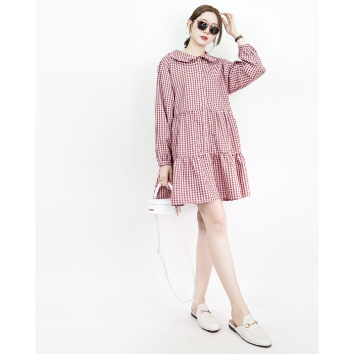PETERPAN RUFFLE COLLAR CHECKED DRESS-PINK