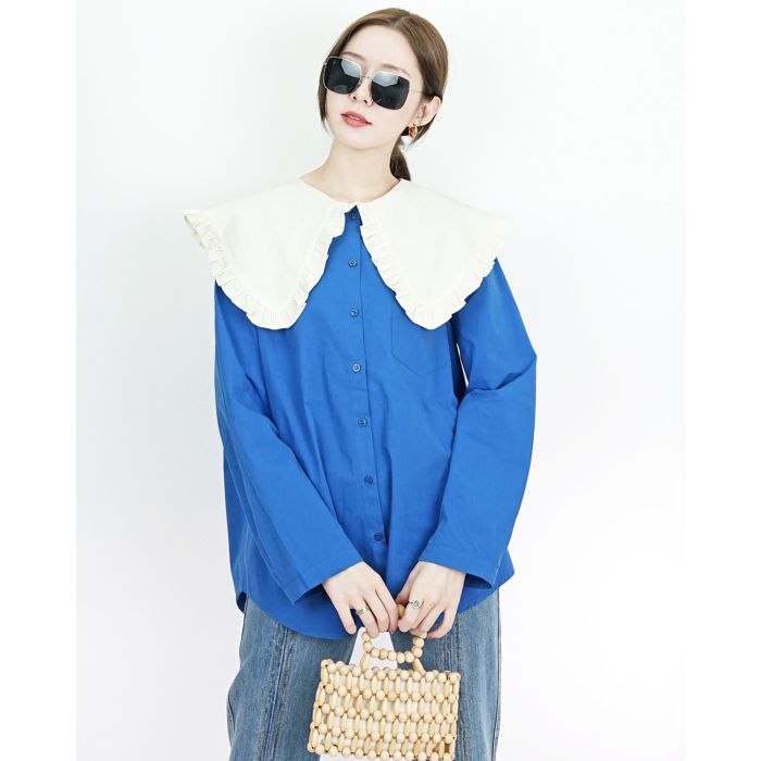NEON OVERSIZED COLLAR COTTON BLOUSE-BLUE