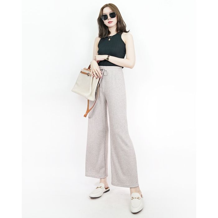 BASIC RIBBED KNIT PANTS-BROWN