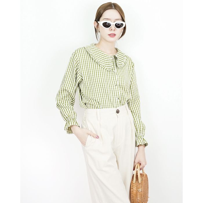 SPECIAL OFFER * PURITAN COLLAR GINGHAM COTTON BLOUSE-MATCHA