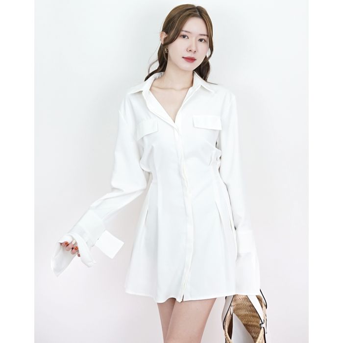 ANNETTE TIE WAIST SHIRT DRESS-WHITE