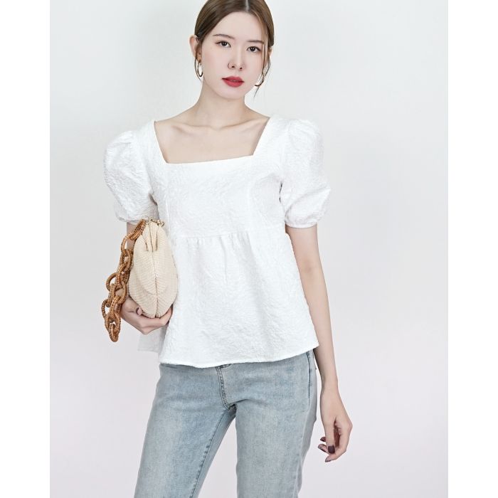 ROSE EMBOSSED BOW BACK BLOUSE-WHITE