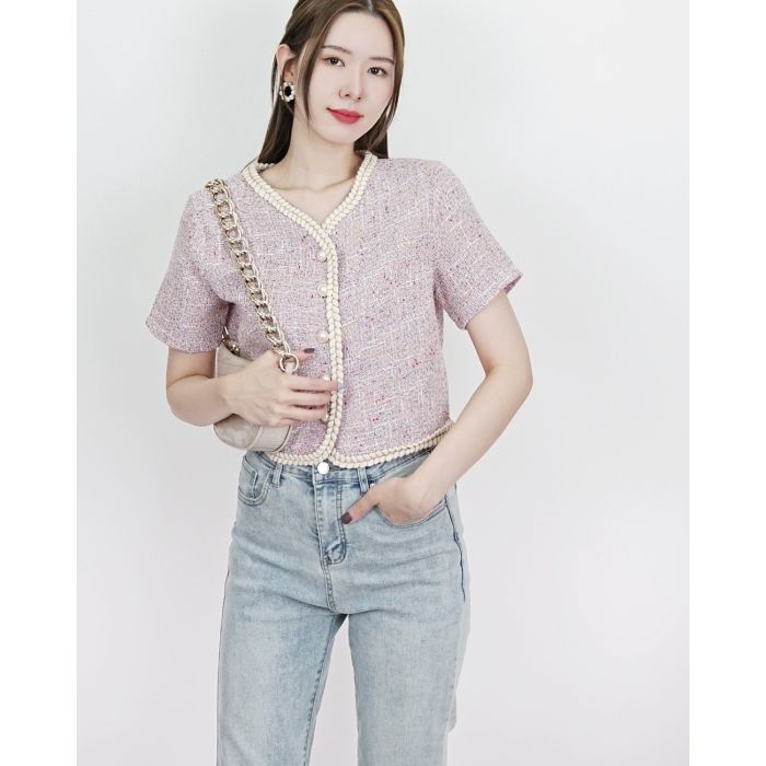EVA BRAID TRIM TWEED BLOUSE-PINK