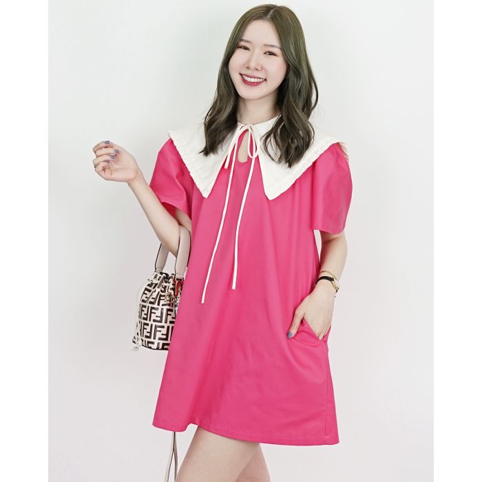 PUDDING BOW OVERSIZED COLLAR DRESS-PINK