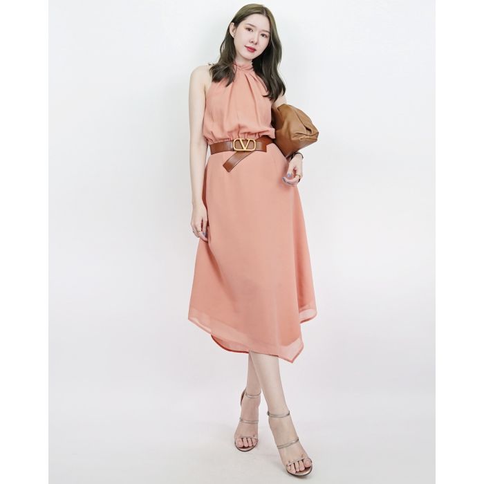 HAZEL BOW BACK CHIFFON MIDI DRESS-CORAL
