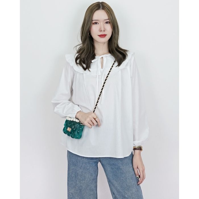 HARVEST BOW COLLAR OVERSIZED BLOUSE-WHITE