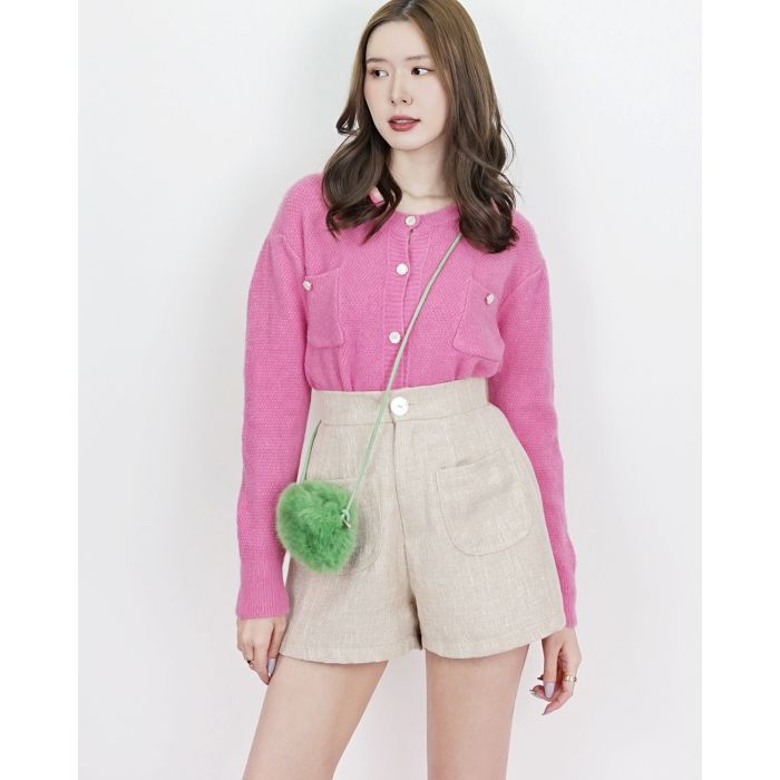 VALEN HIGH-WAIST TWEED SHORTS-BEIGE-M