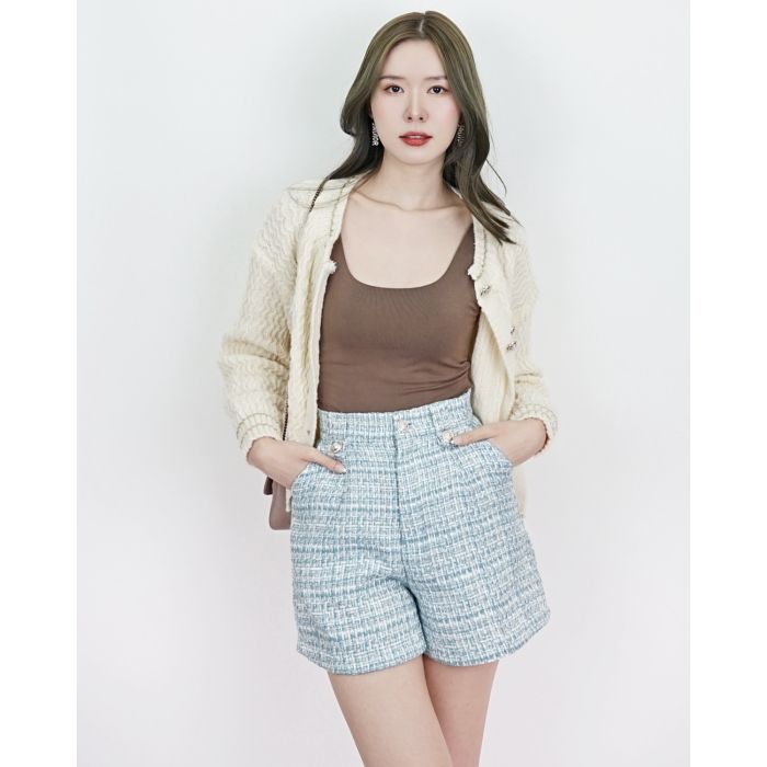 GWEN HIGH-WAIST TWEED SHORTS-BLUE-XL