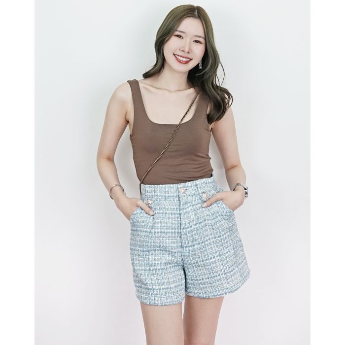 GWEN HIGH-WAIST TWEED SHORTS-BLUE-L
