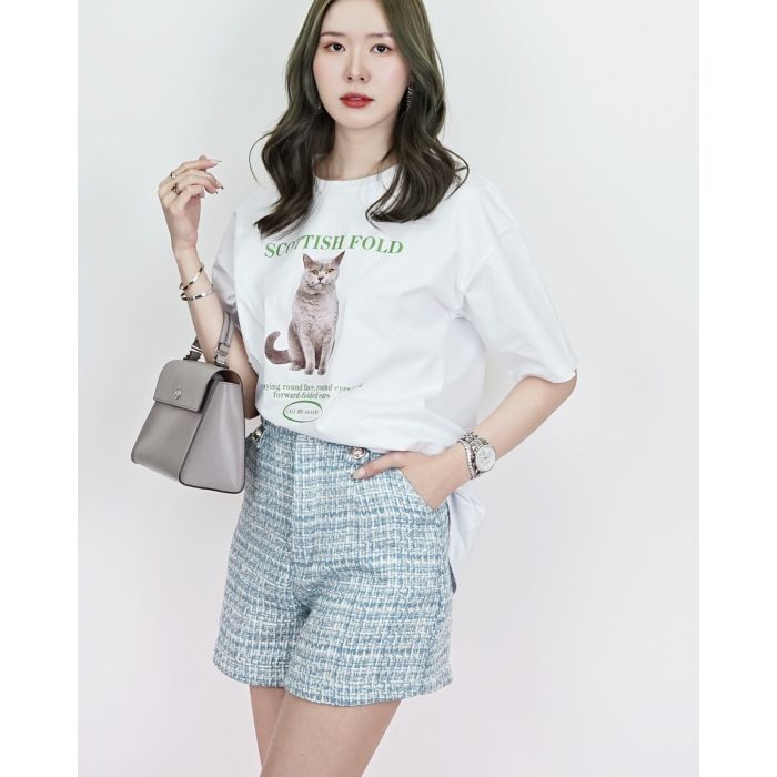 GWEN HIGH-WAIST TWEED SHORTS-BLUE-M