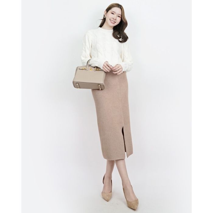 PEYTON BASIC KNIT MIDI SKIRT-TAUPE