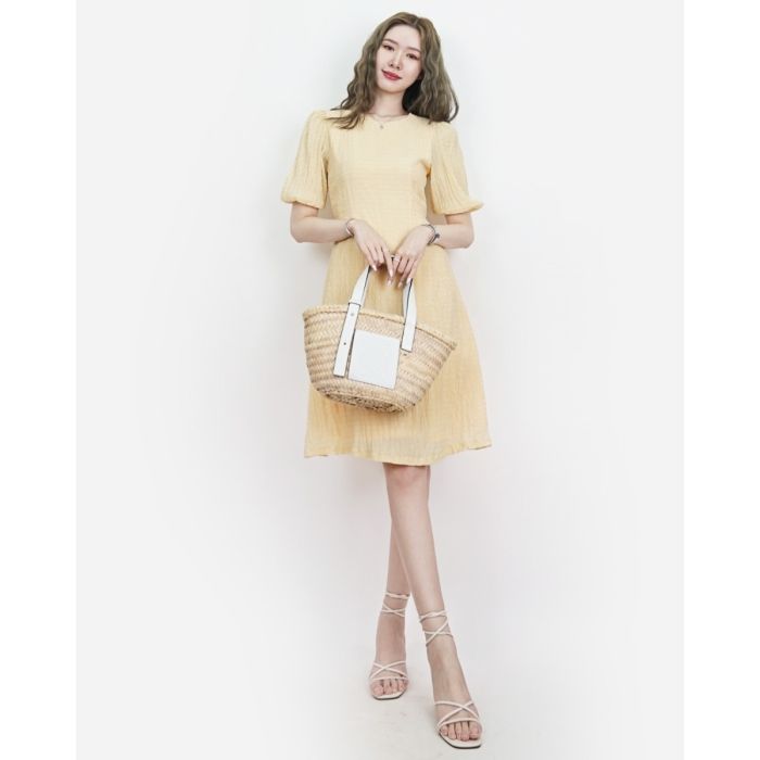 CRUNCHY TIE WAIST CHIFFON DRESS-CUSTARD-M