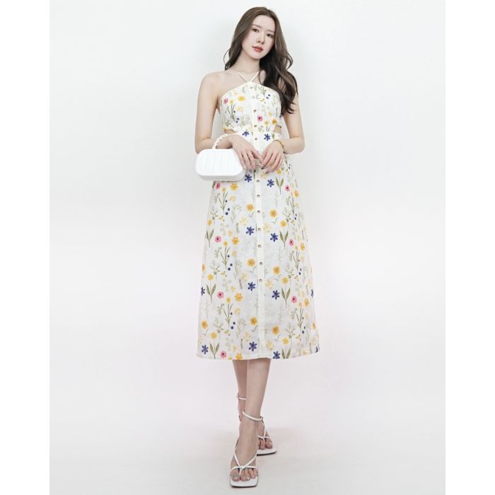 FLORIST EMBROIDERED COTTON MAXI DRESS-S