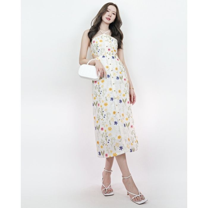 FLORIST EMBROIDERED COTTON MAXI DRESS-L