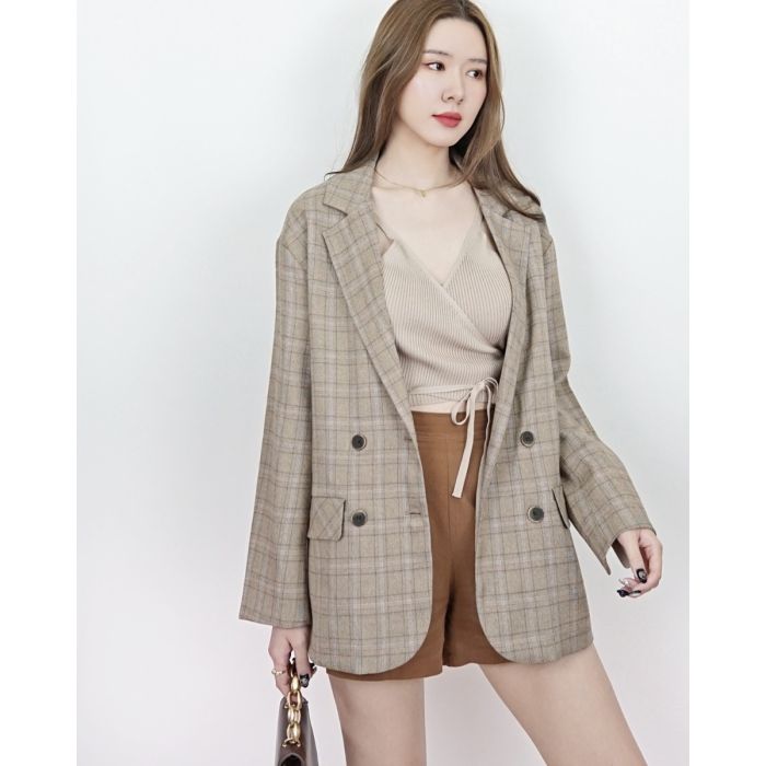 BERLIN DOUBLE BUTTON PLAID BLAZER BROWN L
